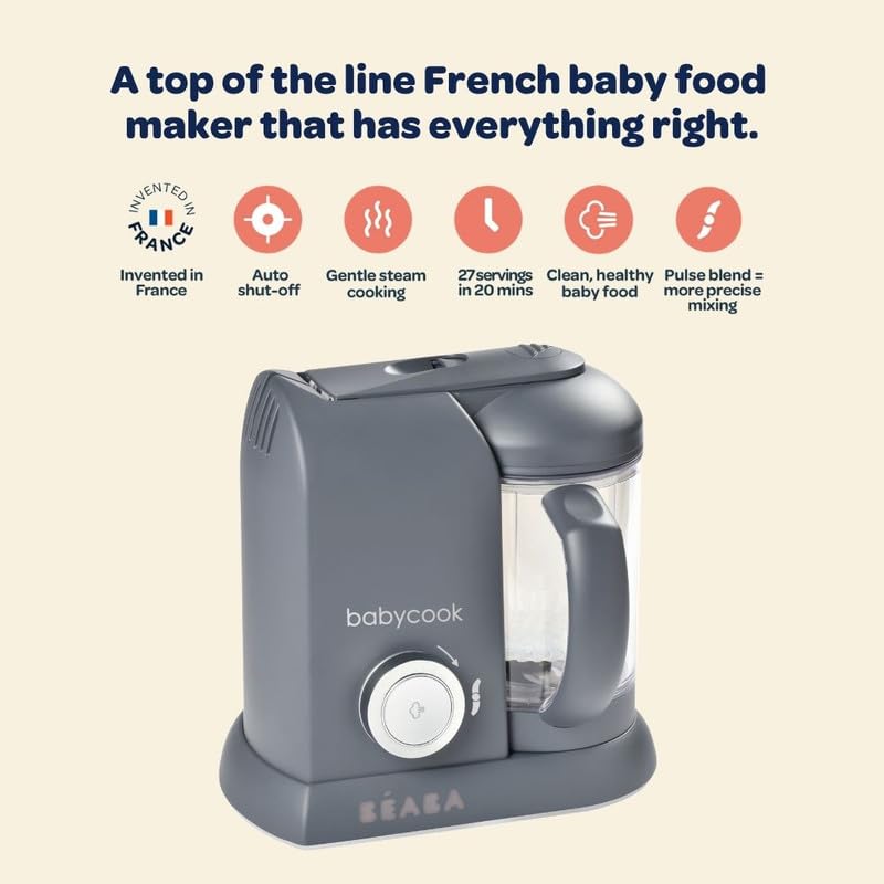 BEABA Babycook Solo 4 in 1 Baby Food Maker, Puree Steamer and Blender for Purees, Grinder with Auto Steam Cooking, Lrg Capacity 4.5 Cups 27 Servings in 20 Mins, Rose Gold