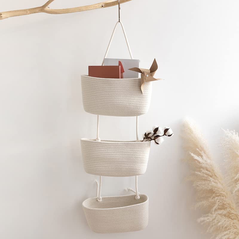 TeoKJ Over the Door Hanging Basket, 3-Tier Woven Cotton Wall-Mounted Storage Organizer Bag Decorative Hanging Nursery Baskets - Jute