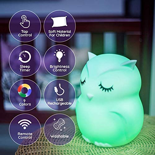 Lumipets Remote Control Silicone Night Light for Kids - Pig Design with 9 Soft Colors & Sleep Timer - Rechargeable, Battery-Operated Lamp for Bedroom | Baby Nursery, Toddler, Girls, Boys