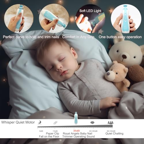 Baby Nail Trimmer 21 in 1, Usage Labeled Case & 13 Extra Replacement Tools, Royal Angels Baby Electric Nail File, Baby Nail Care, Nail Clipper Newborn Toddler Toes & Fingernails Nail Kit (Blue)