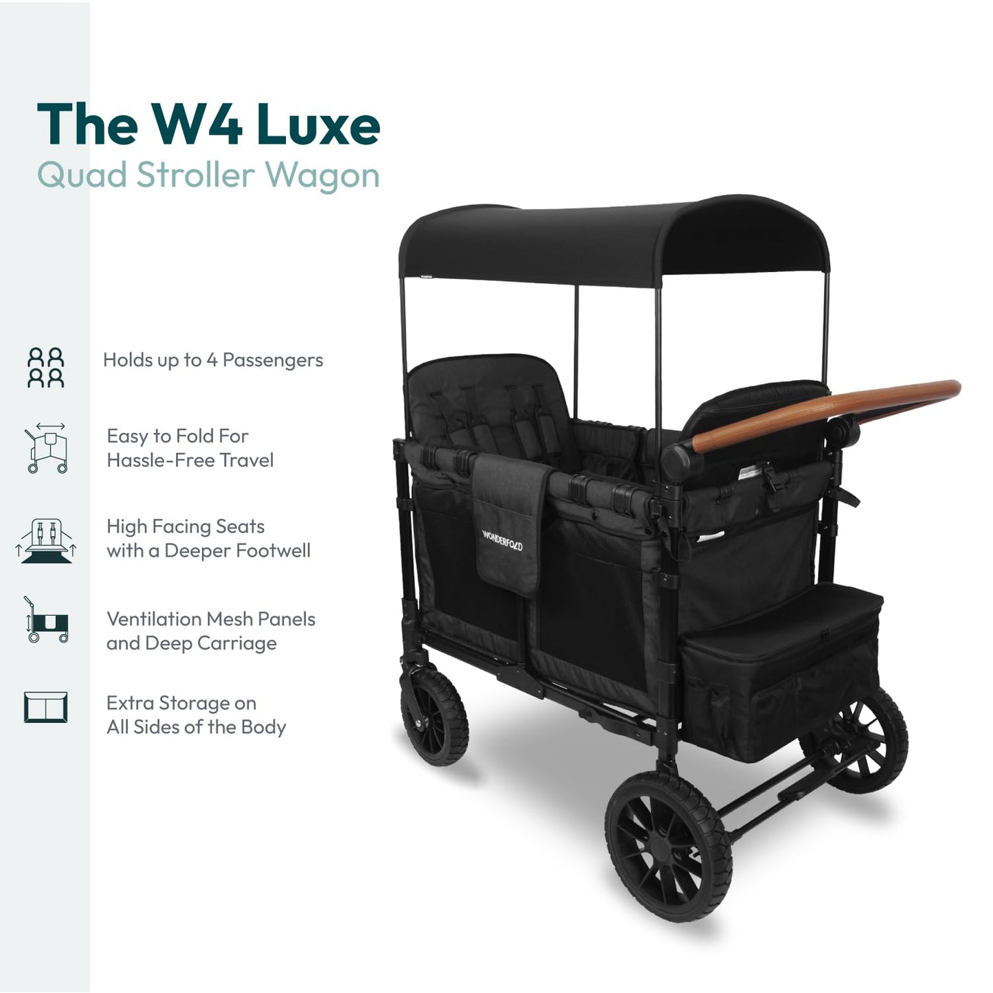 WONDERFOLD W4 Luxe Quad Stroller Wagon Featuring 4 High Face-to-Face Seats with Magnetic Buckle 5-Point Harnesses and Adjustable/Removable UV-Protection Canopy, Hunter Green