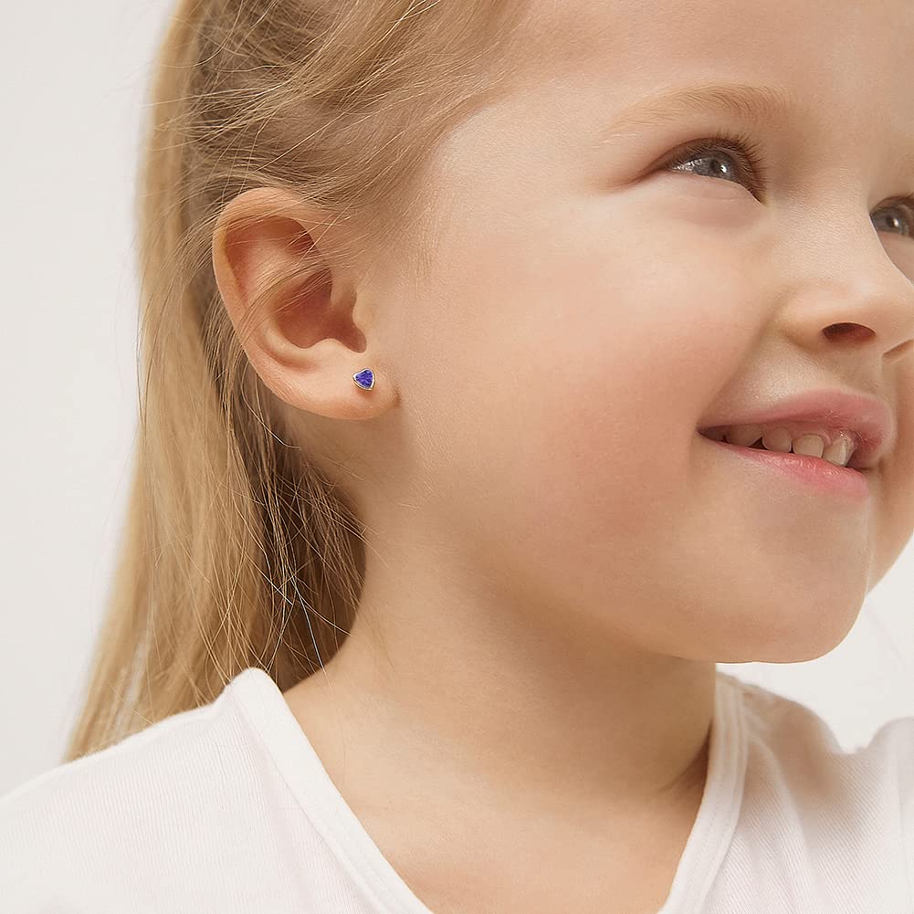 14k Yellow Gold 4mm Bezel Set Heart Cubic Zirconia Screw Back Earrings for Baby Girls, Toddlers and Young Girls - Cute Heart Earring Studs for Children with Locking Screw Backs for Kids