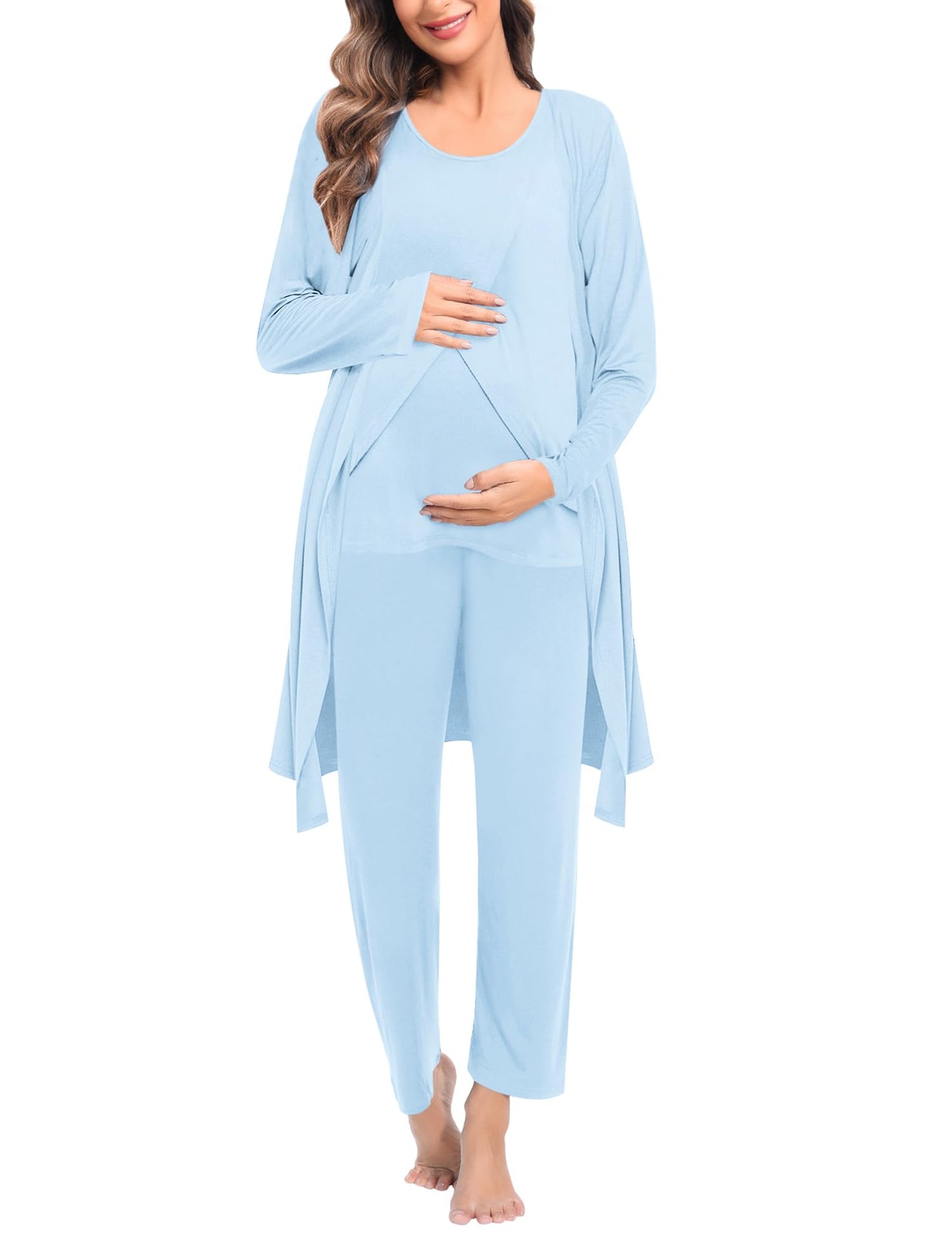 SWOMOG Maternity Nursing Robe Set 3 PCS Postpartum Breastfeeding Pajamas Hospital Pregnancy Pjs Double Layer Lounge Set