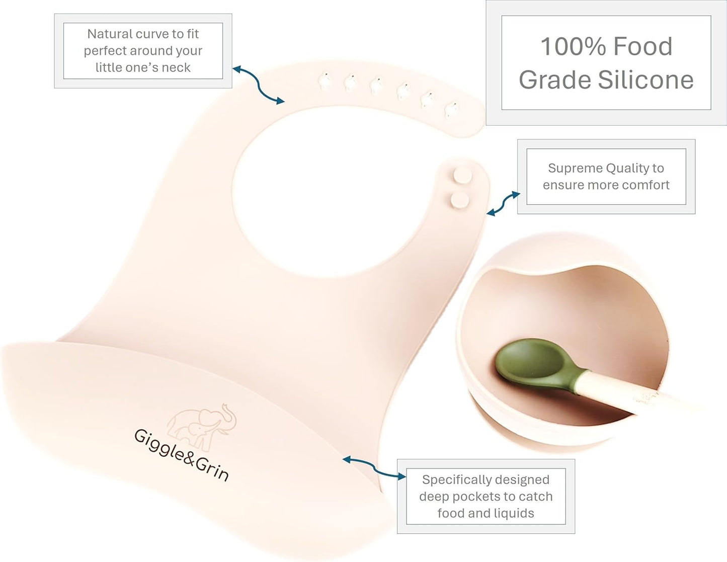 Giggle&Grin Baby Feast Silicone Baby feeding set/Silicone Feeding Bowl/Silicone Bib/Wooden Spoon with Silicone 6-12 Months - White Set with Green Spoon