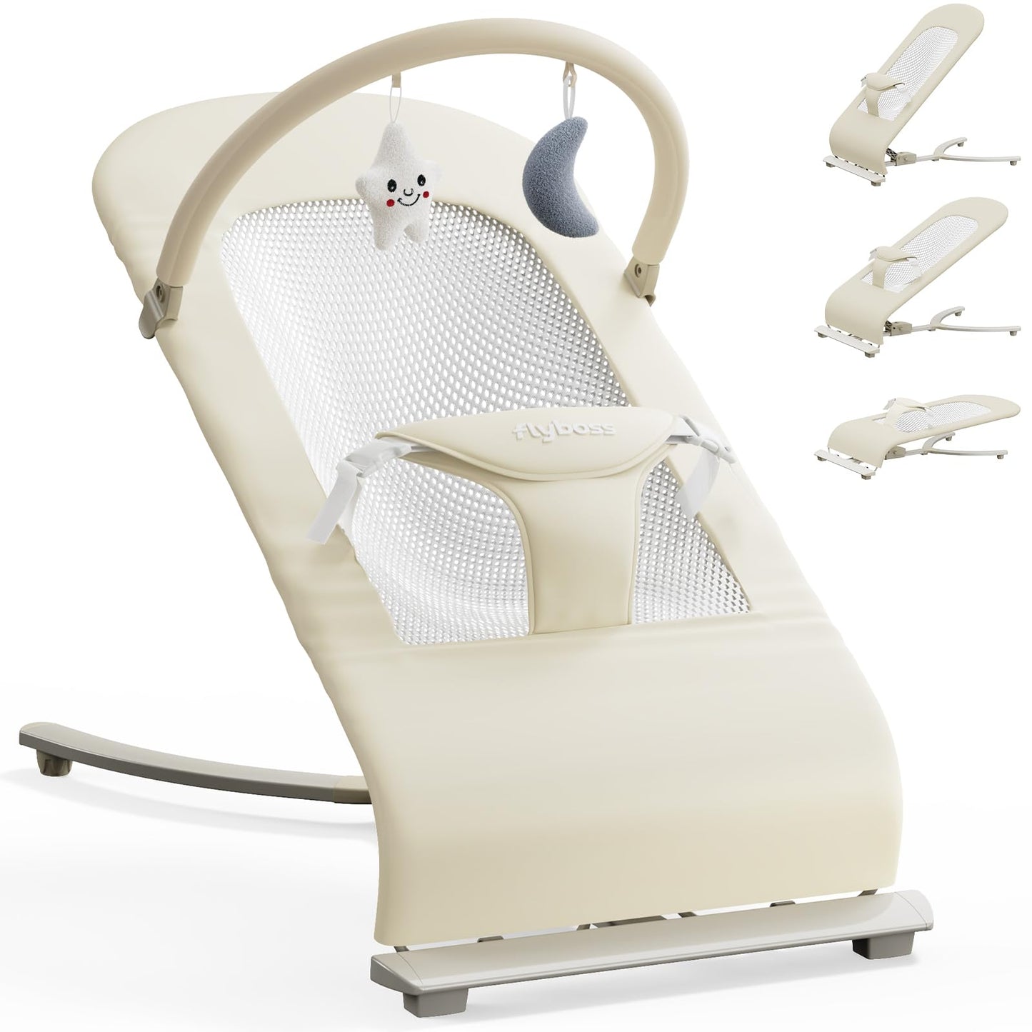 3-in-1 Portable Baby Bouncer & Rocker Chair for Newborn to Toddler - 4 Adjustable Recline Positions, Breathable Cotton Fabric, Natural Vibration, Supports Up to 33 lbs (Oatmeal Khaki)
