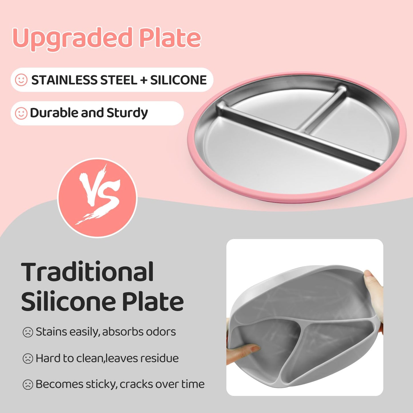 Stainless Steel Kids Plates, 2 Pcs Baby Silicone Suction Plate, 9" Divided Toddler Stainless Steel Plates, Non Toxic & BPA Free Non Slip, Dishwasher & Microwave Safe