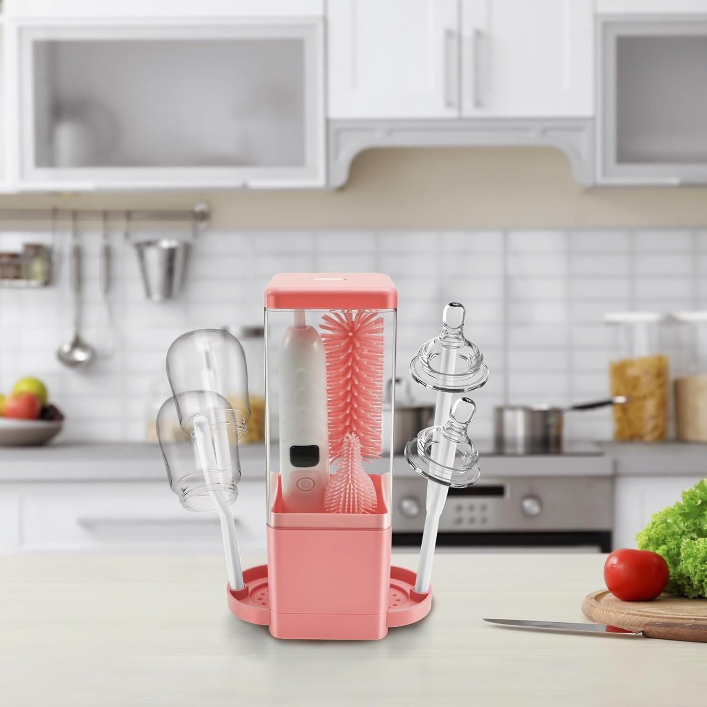 Bottle Brush Cleaning Set with Storage Holder, Adjustable Cleaning Power, Silicone Plastic LED Display Bottle Cleaner Brush for Long Narrow Neck Bottles, Water Bottles, Baby Bottles, Tumblers (Pink)