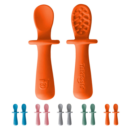 TalkTools ITSY Tiny Silicone Spoons – Twin Pack Soft Silicone Self-Feeding Training Spoons for Kids & Toddlers, Anti-Choking Flange Guard and Non-Slip Handle (Ocean)