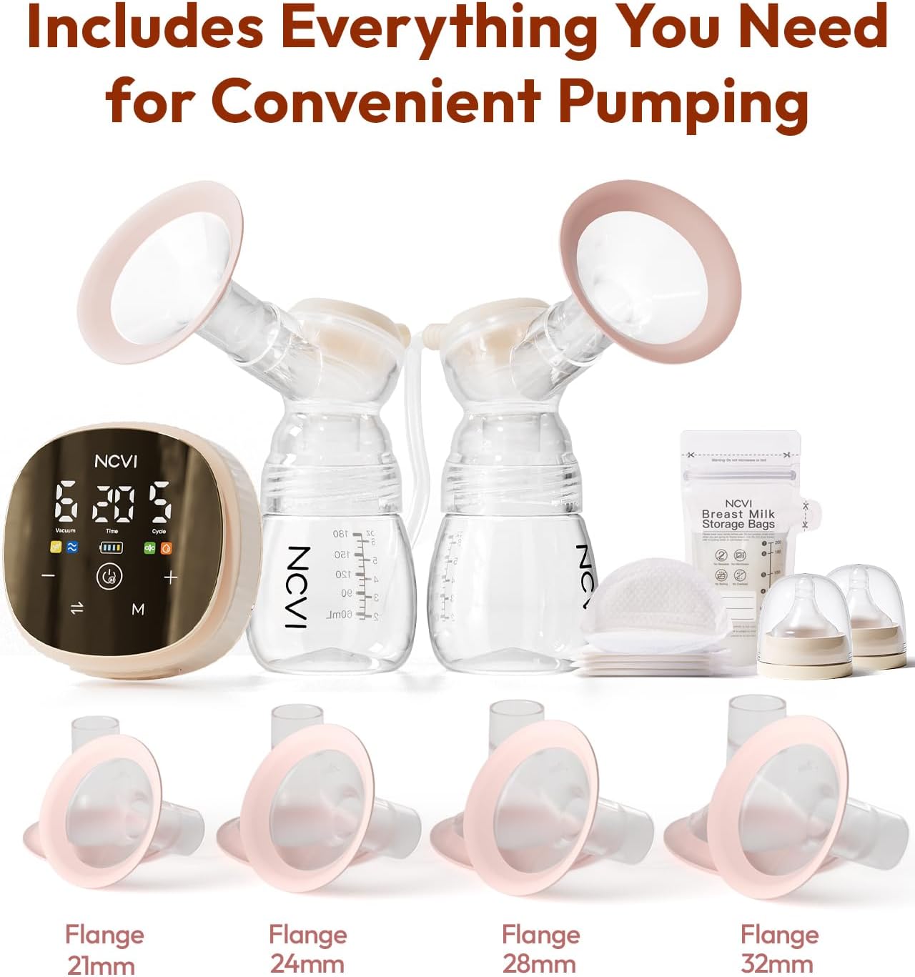 NCVI Double Electric Breast Pump 8116, Customizable Mode/Suction/Speed and Hospital Grade Suction, Portable Rechargeable Breastfeeding Pump, 21/24/28/32mm, Comfortable & Efficient for Work/Home/Trip