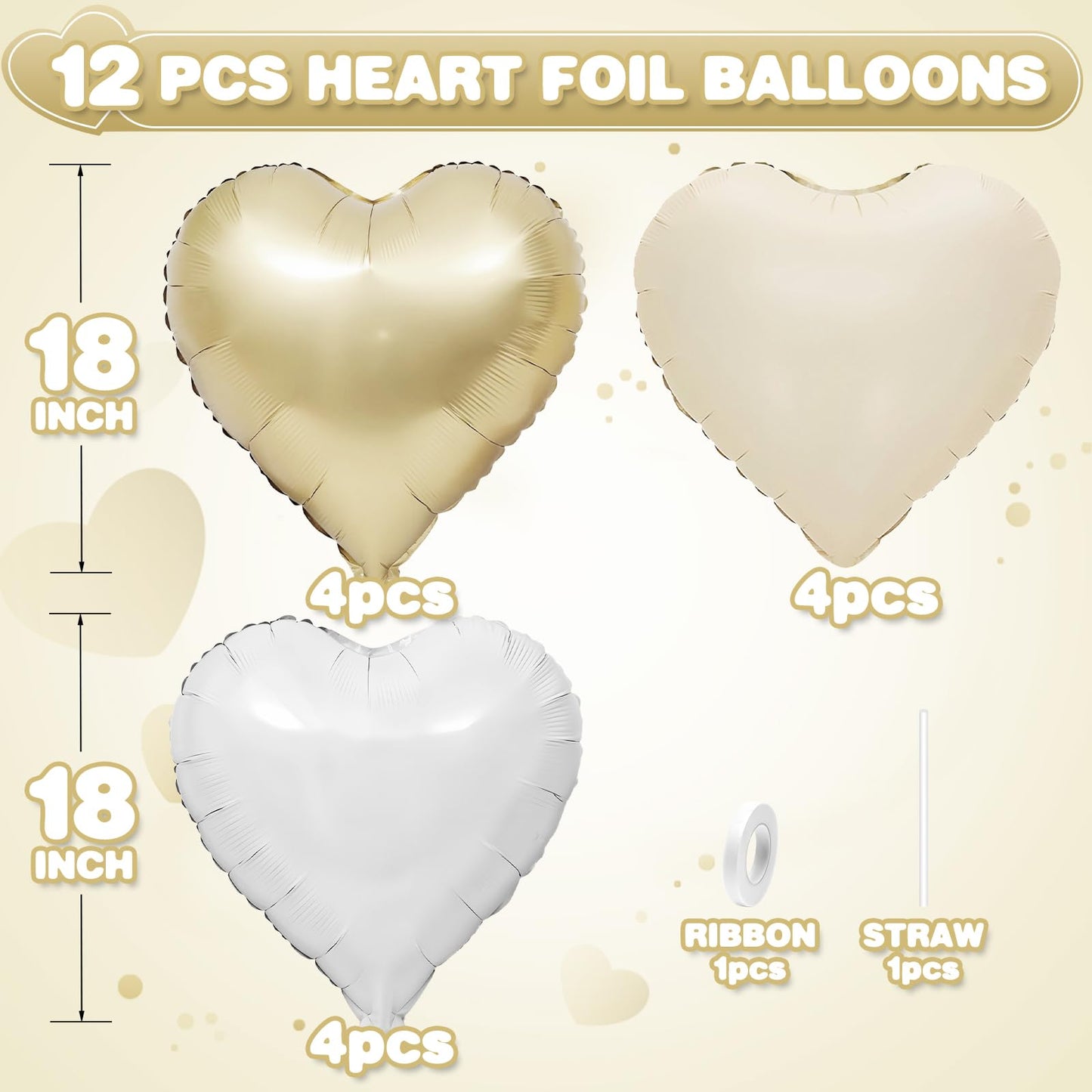 Sage Green Gold Heart Balloons,12Pcs Light Gold Heart Shaped Foil Balloons,18Inch Cream White Helium Mylar Balloon for Baby Shower Birthday Anniversary Wedding Party Decorations