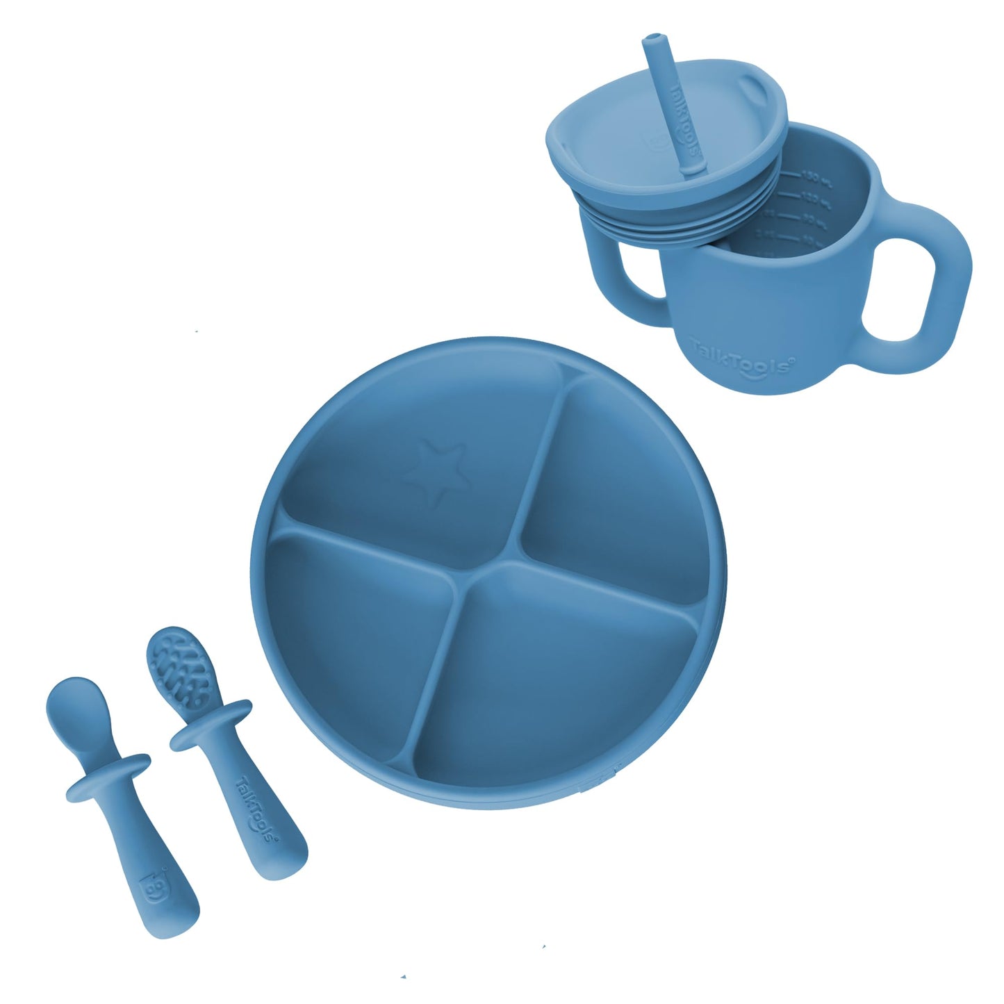 TalkTools ITSY Baby Utensil Set – Silicone Training Cup, Plate and Twin Spoon Pack for Toddlers| Infant First Food Self Feeding Silicone Training Set (Bubblegum)