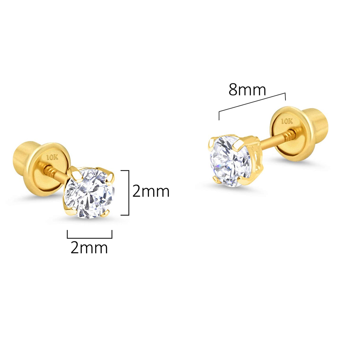 10k Yellow Gold Basket Round CZ Cubic Zirconia Solitaire Children Stud Screwback Baby Girls Earrings