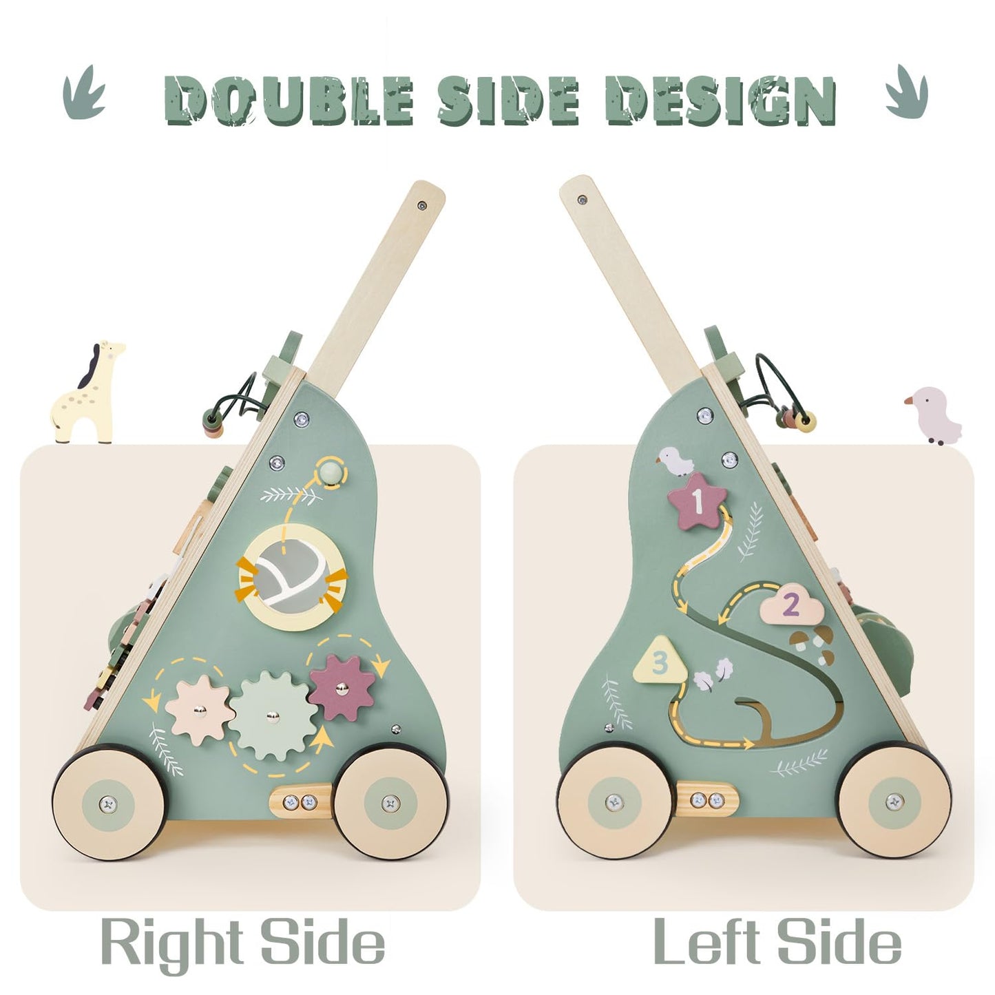 Wooden Baby Walker, Baby Push Walker for Girls and Boys, Montessori Toy, Learning to Walk with Activity Center, Push and Pull Toys with Wheel Adjustable Speed