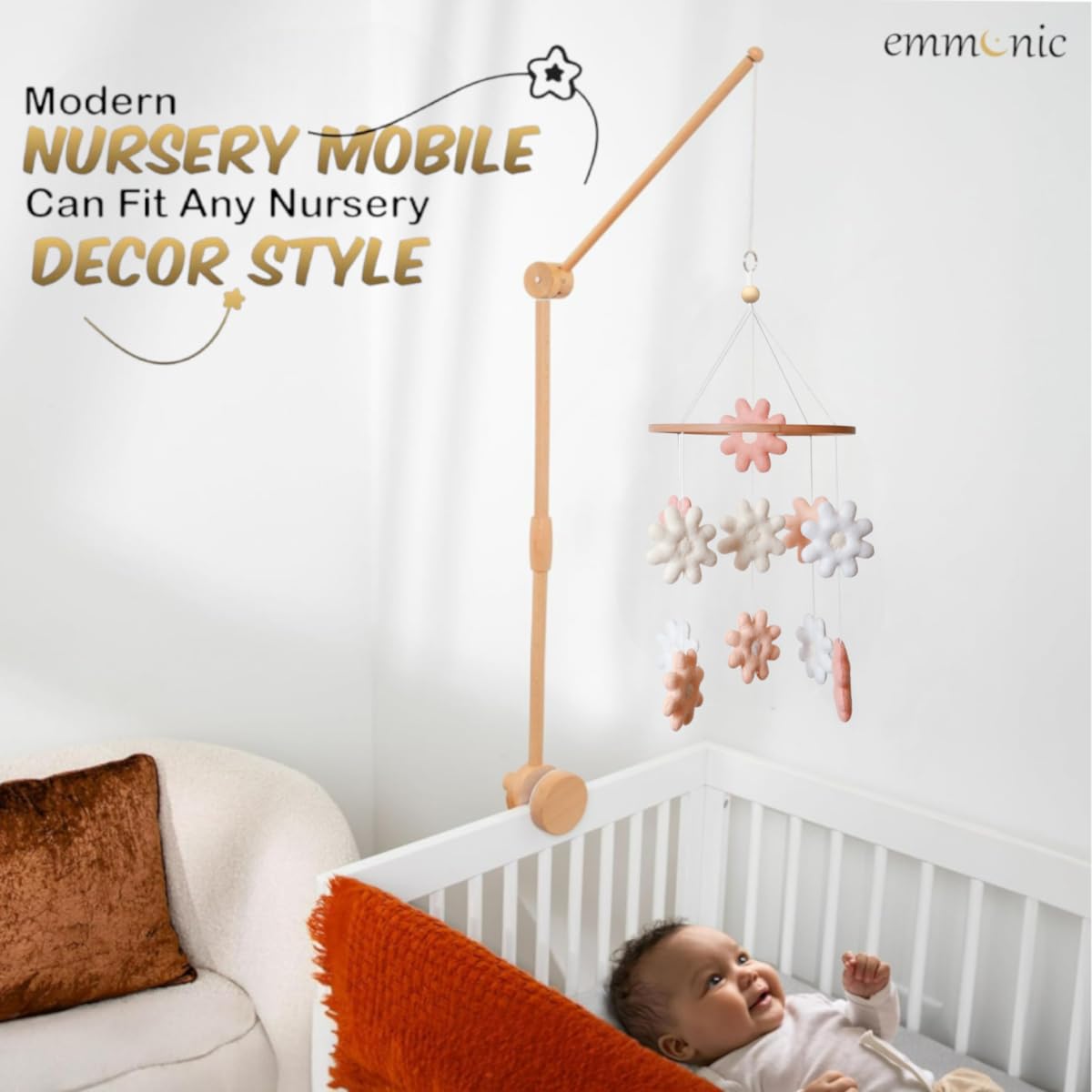 Baby Mobile for Crib - Handmade Modern Boho Baby Mobiles for Bassinet Felt Nursery Mobile Gender Neutral - Gold Moon and Stars - Girl Cribs Decorations