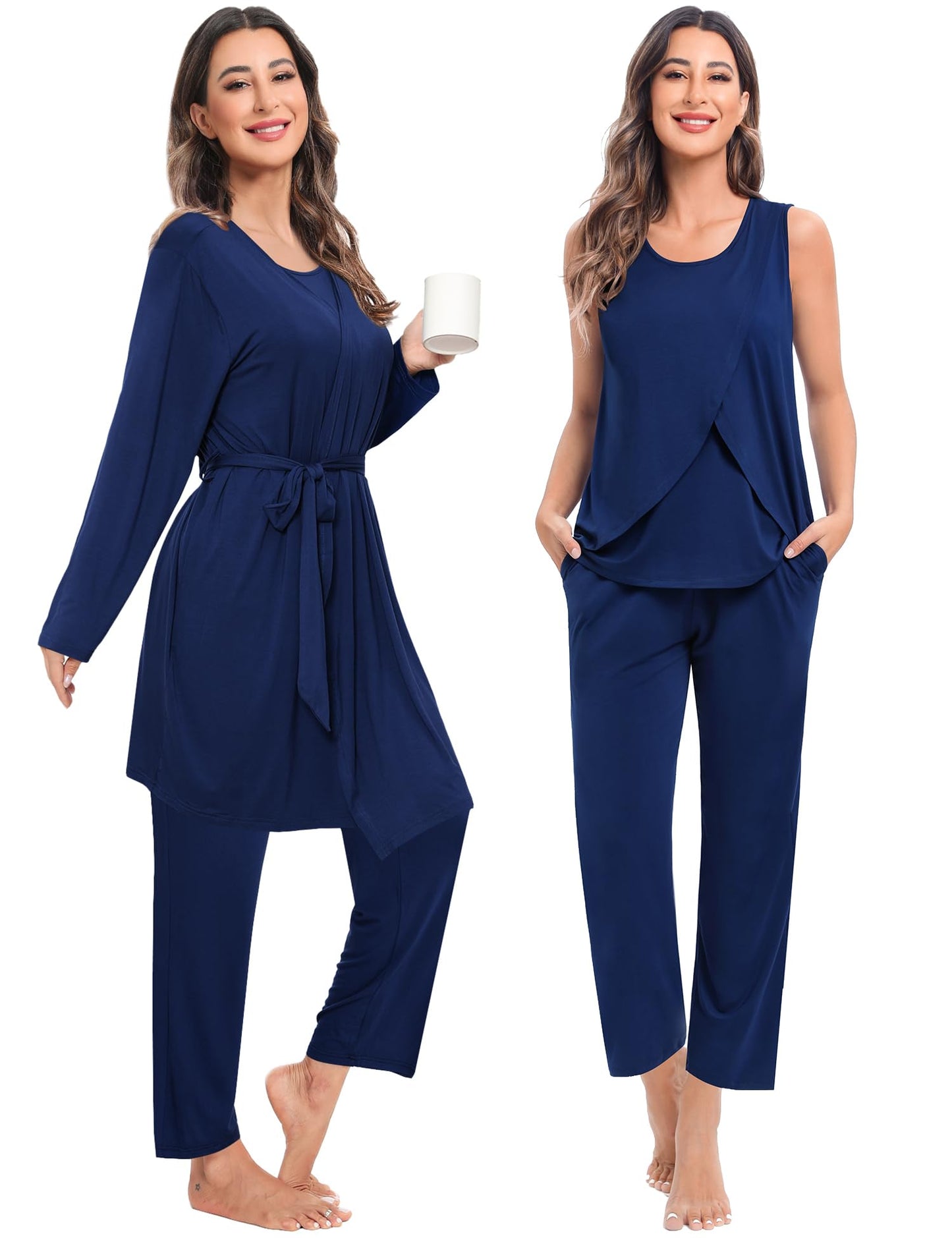 SWOMOG Maternity Nursing Robe Set 3 PCS Postpartum Breastfeeding Pajamas Hospital Pregnancy Pjs Double Layer Lounge Set