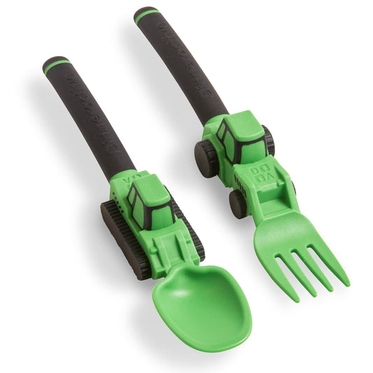 Dinneractive Utensil Set for Kids – Construction Themed Toddler Forks and Spoons, Toddler Utensils – 2PC Set – Fuchsia Construction Utensils For Toddlers - Loader & Tractor Toddler Spoons and Forks