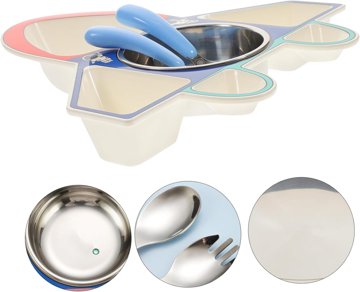 Beaupretty Children's Airplane Shaped Divided Plate Set for Toddlers 304 Stainless Steel Dinnerware with Spoon and Fork for Baby Food Serving and Creative Meals