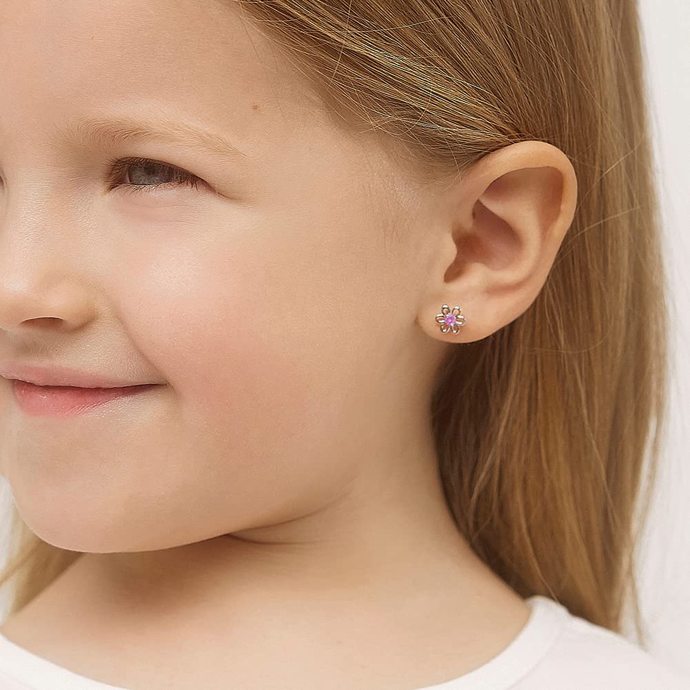 925 Sterling Silver CZ Flower Earrings - Hypoallergenic Screw Back Earrings for Girls & Toddlers - Lightweight, 7mm Flower Design