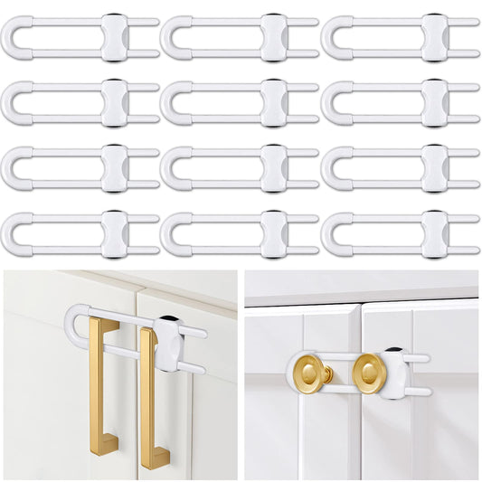 6 Packs Sliding Cabinet Locks, Modacraft Baby Proofing U-Shaped Child Safety Latches Adjustable White Locks for Handles Knobs Drawers Closet Cupboard