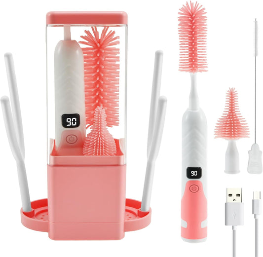 Bottle Brush Cleaning Set with Storage Holder, Adjustable Cleaning Power, Silicone Plastic LED Display Bottle Cleaner Brush for Long Narrow Neck Bottles, Water Bottles, Baby Bottles, Tumblers (Pink)
