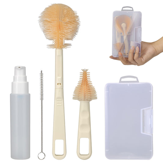VOOWO Portable Bottle Cleaner Kit Travel Set, Silicone Baby Bottle Cleaner, Straw and Nipple Brush, Soap Dispenser (Purple)