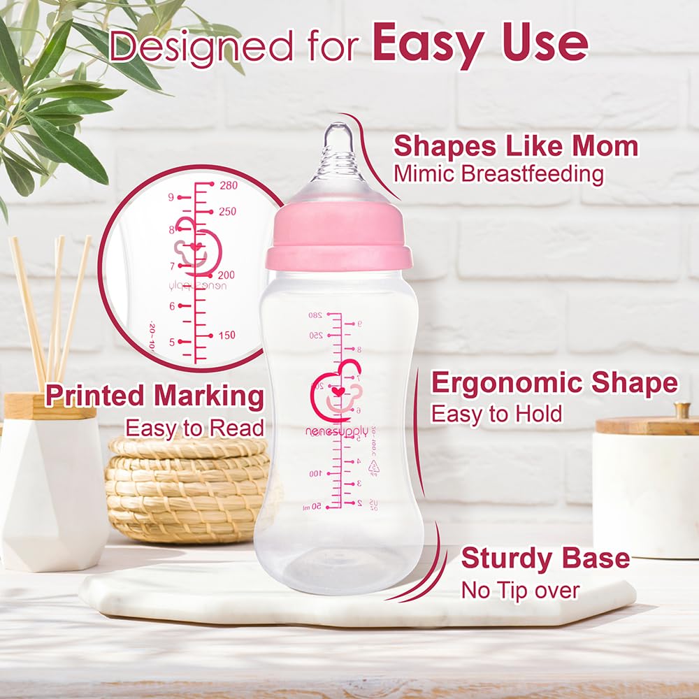 Nenesupply Natural Baby Bottles Newborn Feeding Bottles Slow Flow Breastfeeding Bottle for Breastfed Babies Wide Neck 9oz Anti Colic Level 2 Nipple for 1+ Month Infant Replace Spectra Bottle Pumping