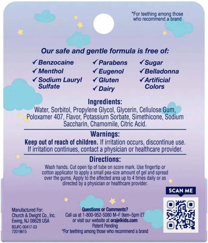Orajel Baby Nighttime Cooling Gel for Teething, Drug-Free, 1 Pediatrician Recommended Brand for Teething, One .18oz Tube