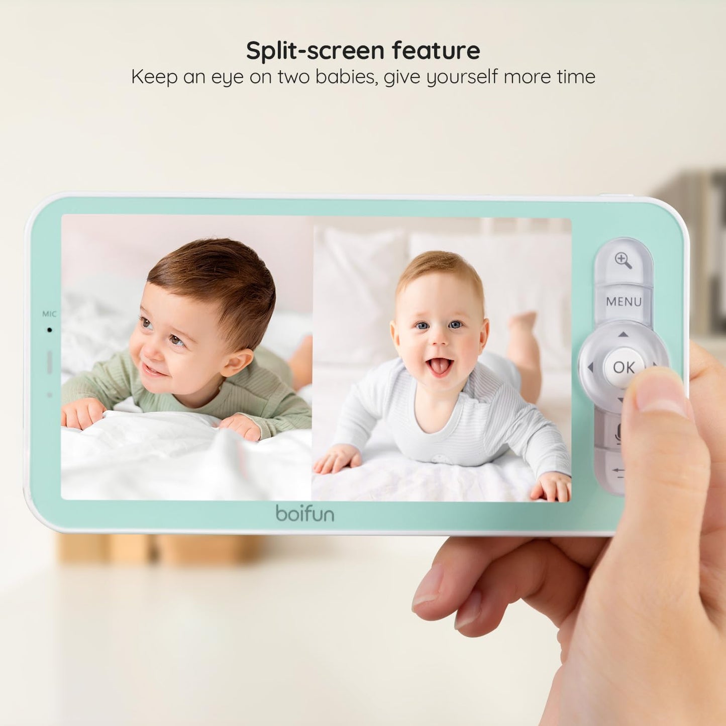 BOIFUN 2K WiFi Baby Monitor with Camera and Audio,Smartphone APP, Colorful Night Light, Smart AI Motion & Sound & Humidity & Temperature Detection, Auto Tracking,5-Inch Monitor Control, Night Vision