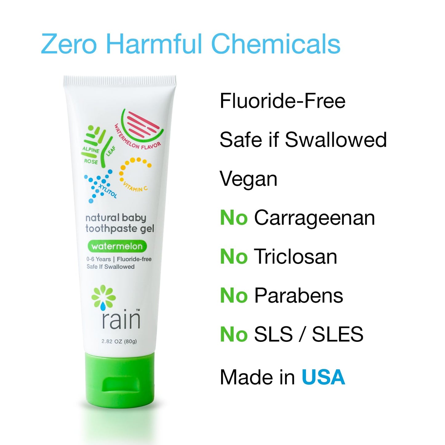 Baby Toothpaste 6 to 12 Months - Rain Fluoride Free Tooth Paste Gel for Infant Toddler Kids 0-6 Years and Up, Safe to Swallow, 2.8 Oz, Babies Training, Xylitol, Vitamin C, Vegan, SLS Free, Gluten Free