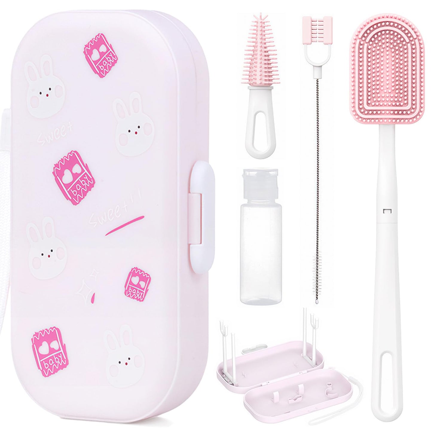 6-in-1 Travel Baby Bottle Brush Cleaning Kit, Travel Bottle Cleaner Kit with Silicone Bottle Brush, Nipple Brush, Straw Brush, Drying Rack, Dispenser, Organizer, Baby Travel Essential - Pink