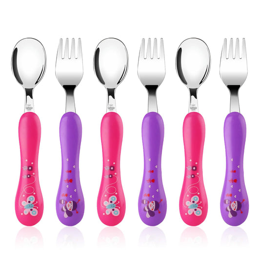 Lehoo Castle Kids Utensils, 6pcs Silverware Set, Safe Stainless Steel Toddler Fork and Spoon, Includes 3 Spoons and 3 Forks (Pink)