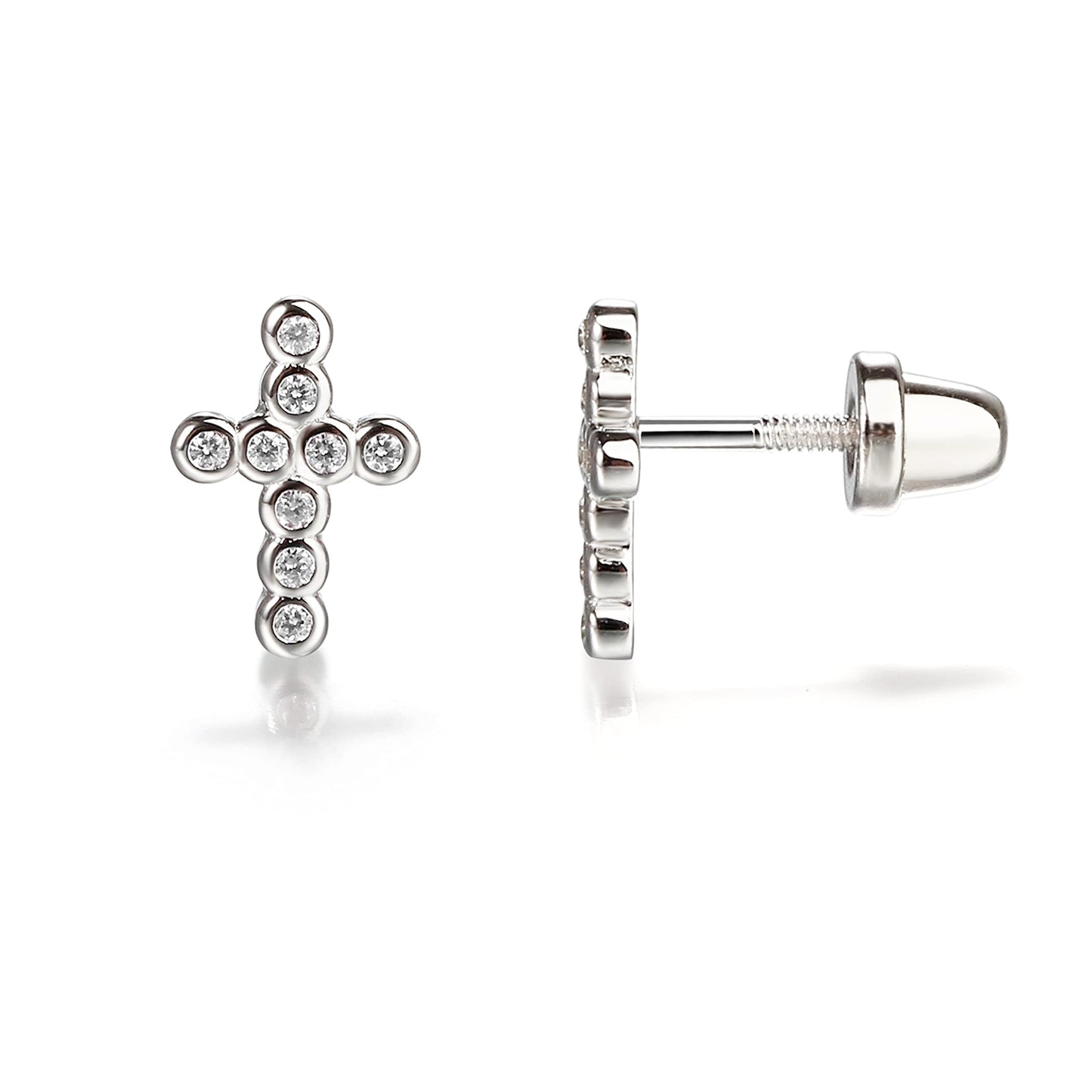 Cherished Moments Children's Sterling Silver or Gold-Plated Cross Earrings with CZs and Safety Screw Backs for Baptism, Christening and First Communion Gifts for Girls