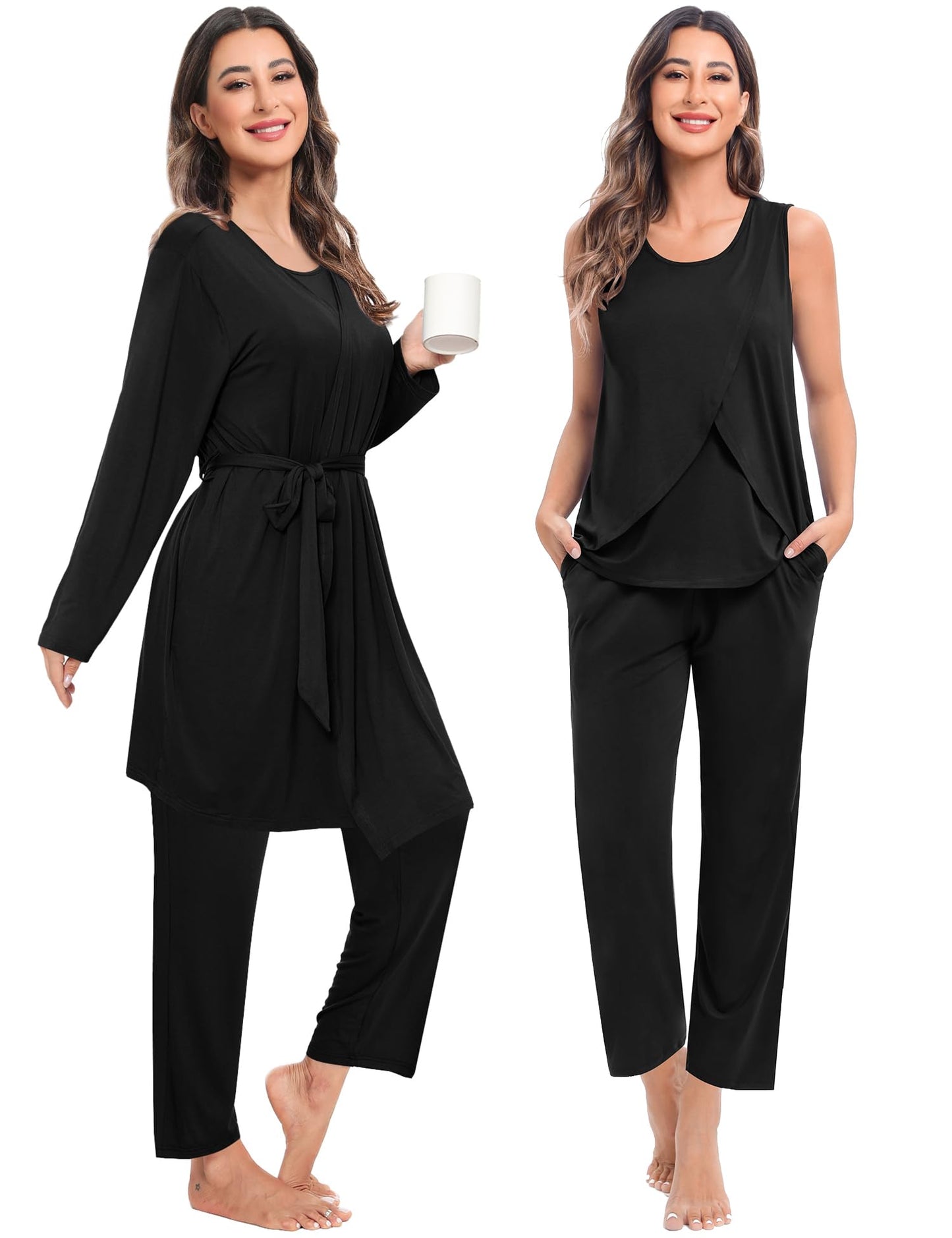 SWOMOG Maternity Nursing Robe Set 3 PCS Postpartum Breastfeeding Pajamas Hospital Pregnancy Pjs Double Layer Lounge Set