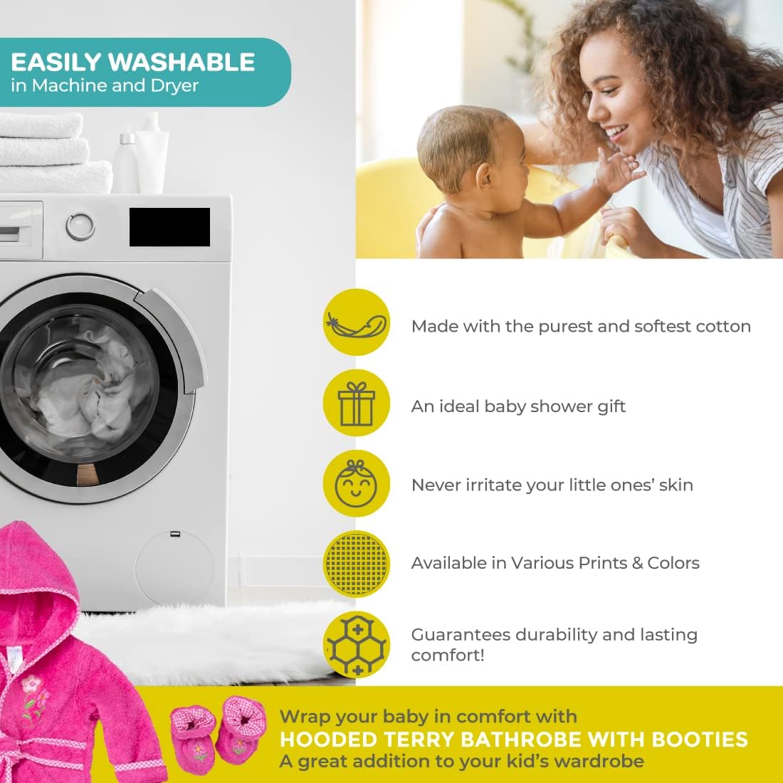 Spasilk 100% Cotton Hooded Terry Bathrobe with Booties, Pink Flower, One Size