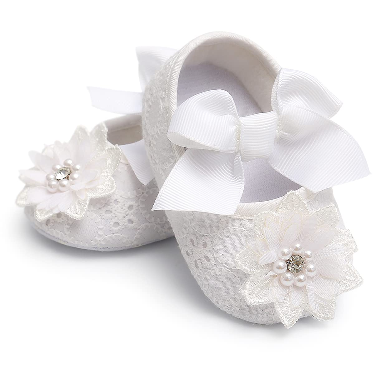 Baby Girls Mary Jane Flats with Bowknot Flowers Soft Newborn Infant First Walkers Crib Shoes Wedding Party Christmas Dress Shoes