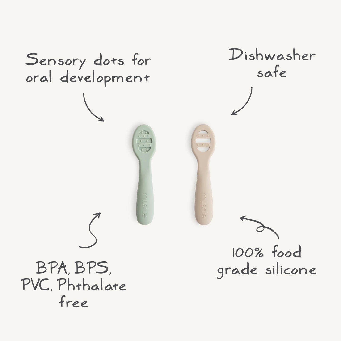 mushie Silicone First Feeding Baby Spoons | 2 Pack (Tradewinds/Shifting Sand)