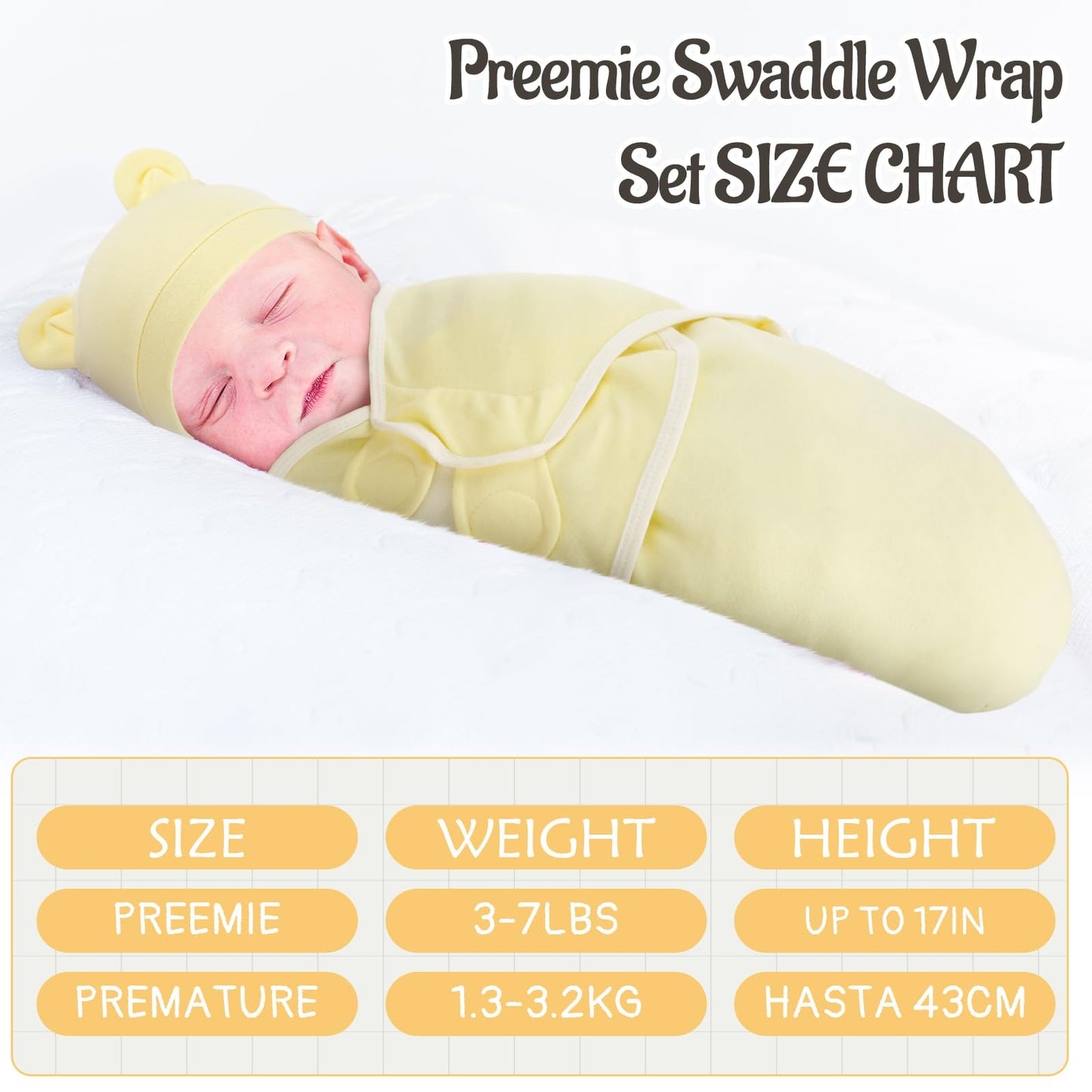 Buryeah 4 Pack Preemie Swaddle Blanket Wrap Set with Hat for Baby Boys Girls 3-7 Lbs Preemie Newborn Clothes Sleepers Cap