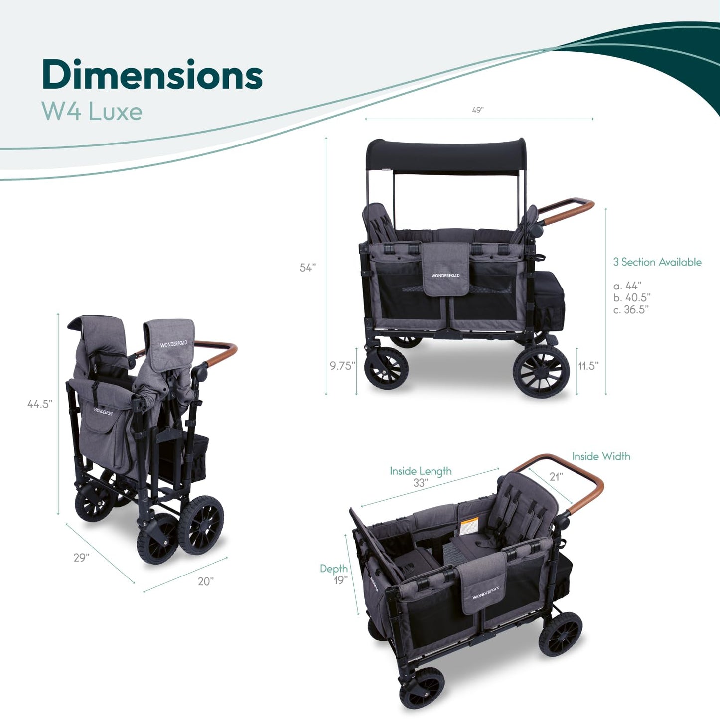 WONDERFOLD W4 Luxe Quad Stroller Wagon Featuring 4 High Face-to-Face Seats with Magnetic Buckle 5-Point Harnesses and Adjustable/Removable UV-Protection Canopy, Hunter Green