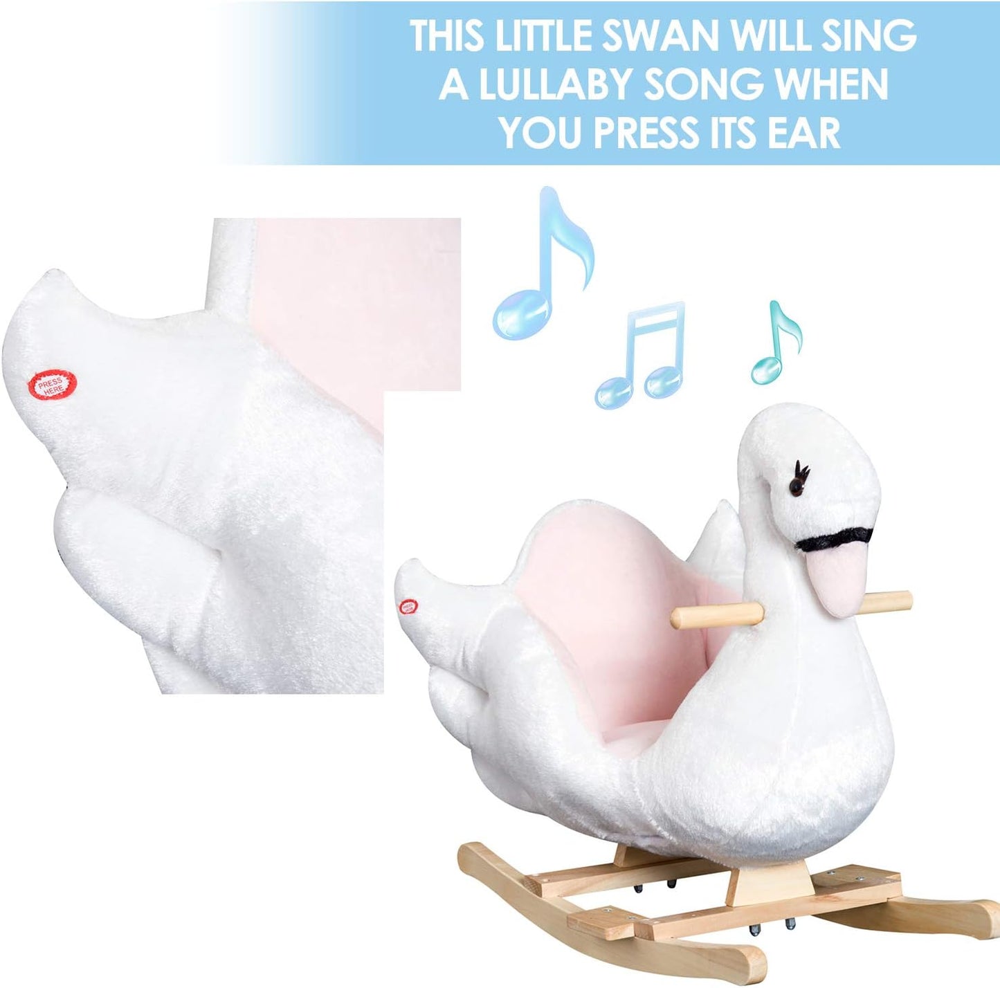 Qaba Kids Ride On Rocking Horse Plush Swan Style Toy with Music for Over 18 Months Children, White and Pink