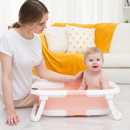 Collapsible Baby Bathtub,Baby Bath Tub with Soft Cushion & Thermometer,Baby Bathtub Newborn to Toddler 0-36 Months,Portable Travel Baby Tub