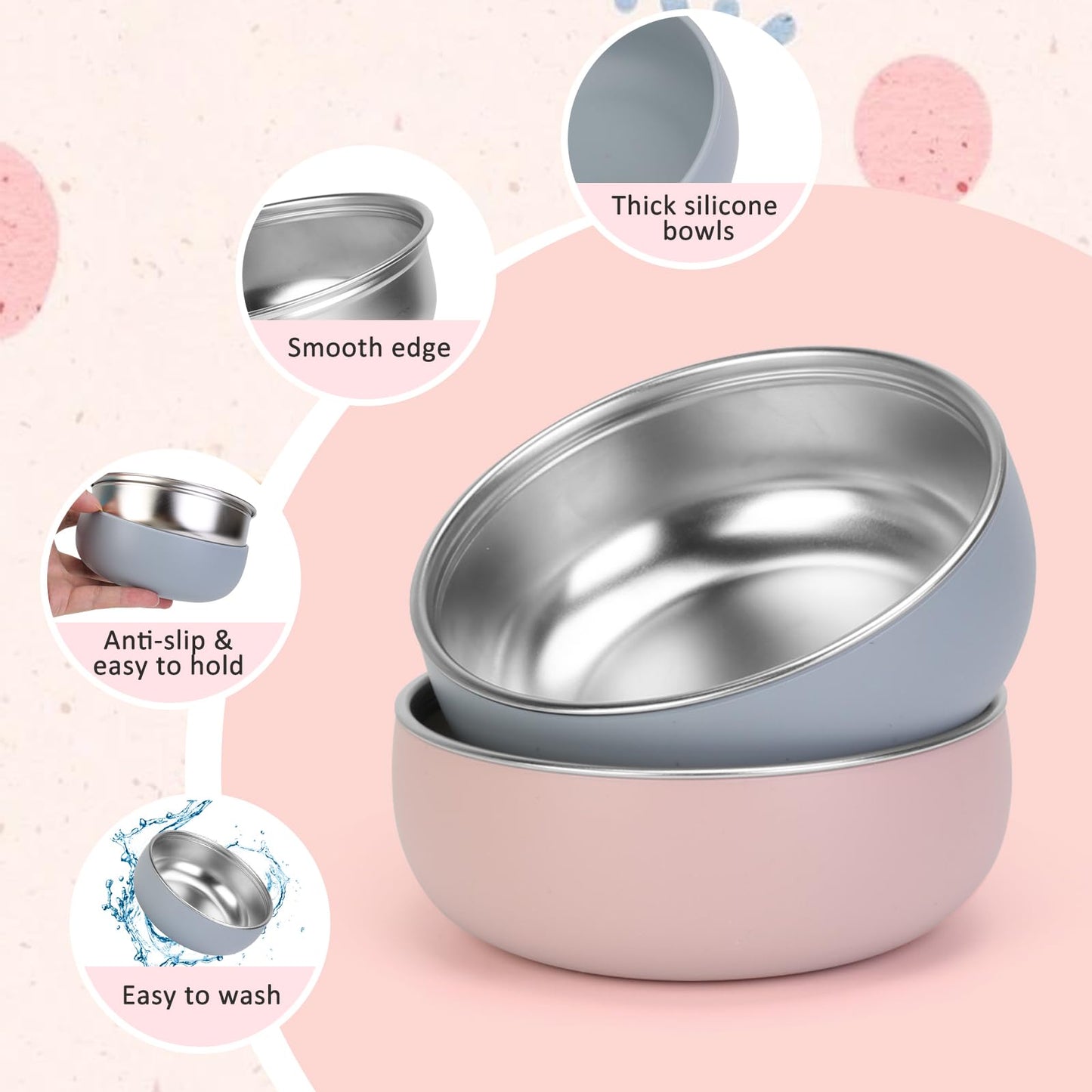 ShineMe 4 pack Baby Bowls, 5 Inches Wide Stainless Steel Bowls for Kids with Removable Colorful Silicone Sleeve, Unbreakable Toddler Bowls for Soup, Cereal, Yogurt, Snacks...