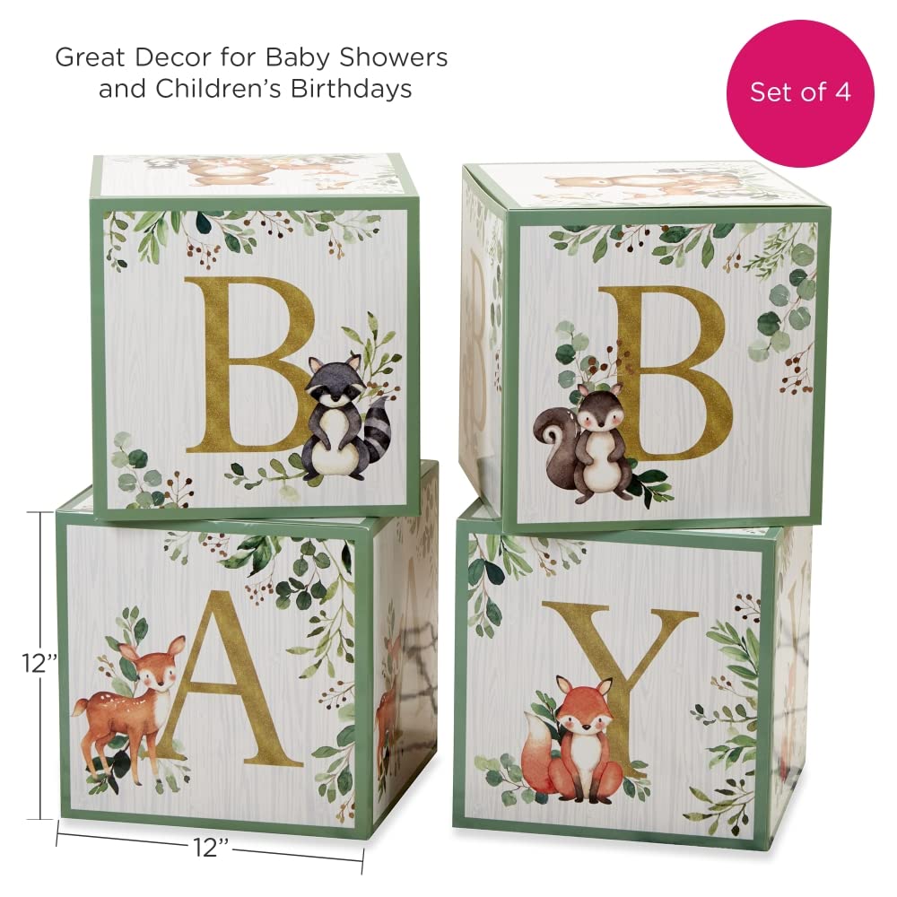 Kate Aspen Woodland Baby Shower Boxes with Letters for Baby Shower Gender Reveal Decorations Photo Prop & Forest Animal Nursery Decor (Set of 4 Blocks Spells Baby)