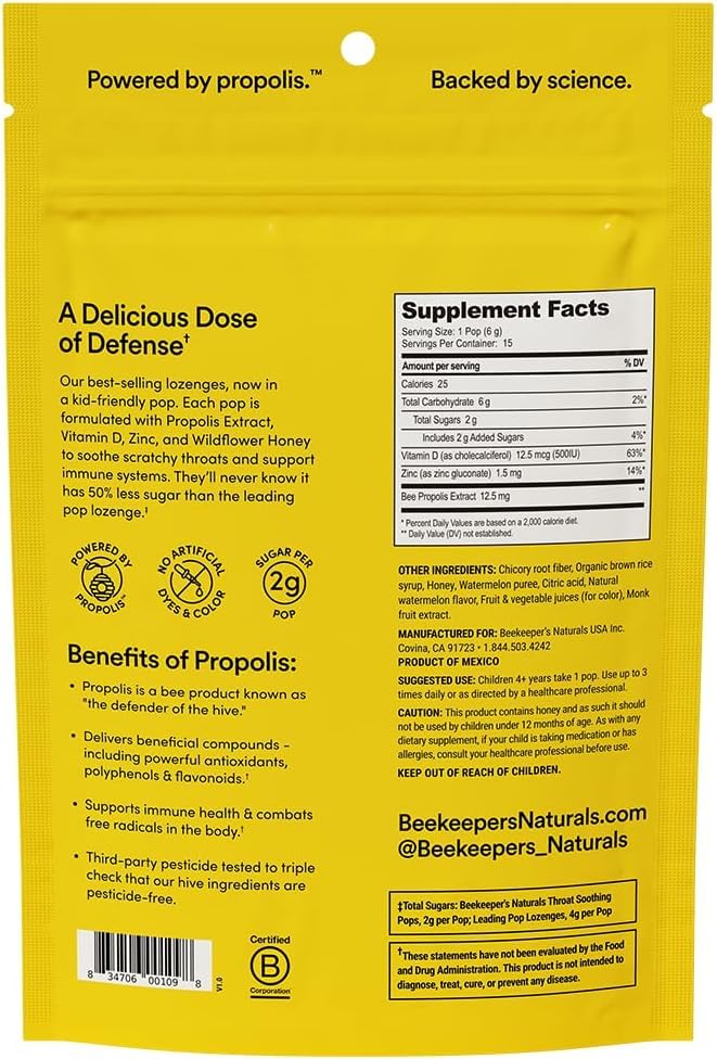 Kids Throat Soothing Lollipops by Beekeeper's Naturals - Doctor Formulated Immune Support, Vitamin D & Honey, Under 2g Sugar, Clean Ingredients,15 ct