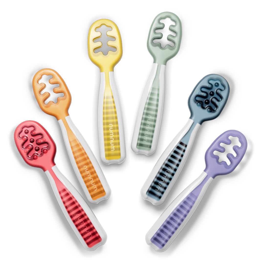 NumNum Baby Spoons Set, Baby Essentials Pre-Spoon GOOtensils for 6+ Months, First Stage Self-Feeding Spoons for Baby Led Weaning (BLW), Silicone Toddler Utensils, BPA-Free, 2 Pack Frosty Lilac/Rosebud