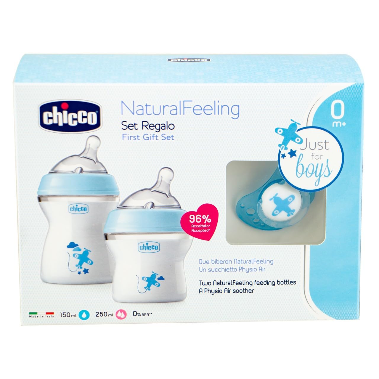 Chicco NaturalFeeling Gift Set with 2 Newborn Baby Bottles + Pacifier, 0 m + Blue