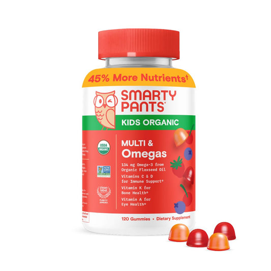 SmartyPants Kids Multivitamin Gummies: Omega 3 Fish Oil (EPA/DHA), Vitamin D3, C, Vitamin B12, B6, A, K & Zinc for Immune Support, Biotin, Gluten Free, Three Fruit Flavors, 120 Count (30 Day Supply)