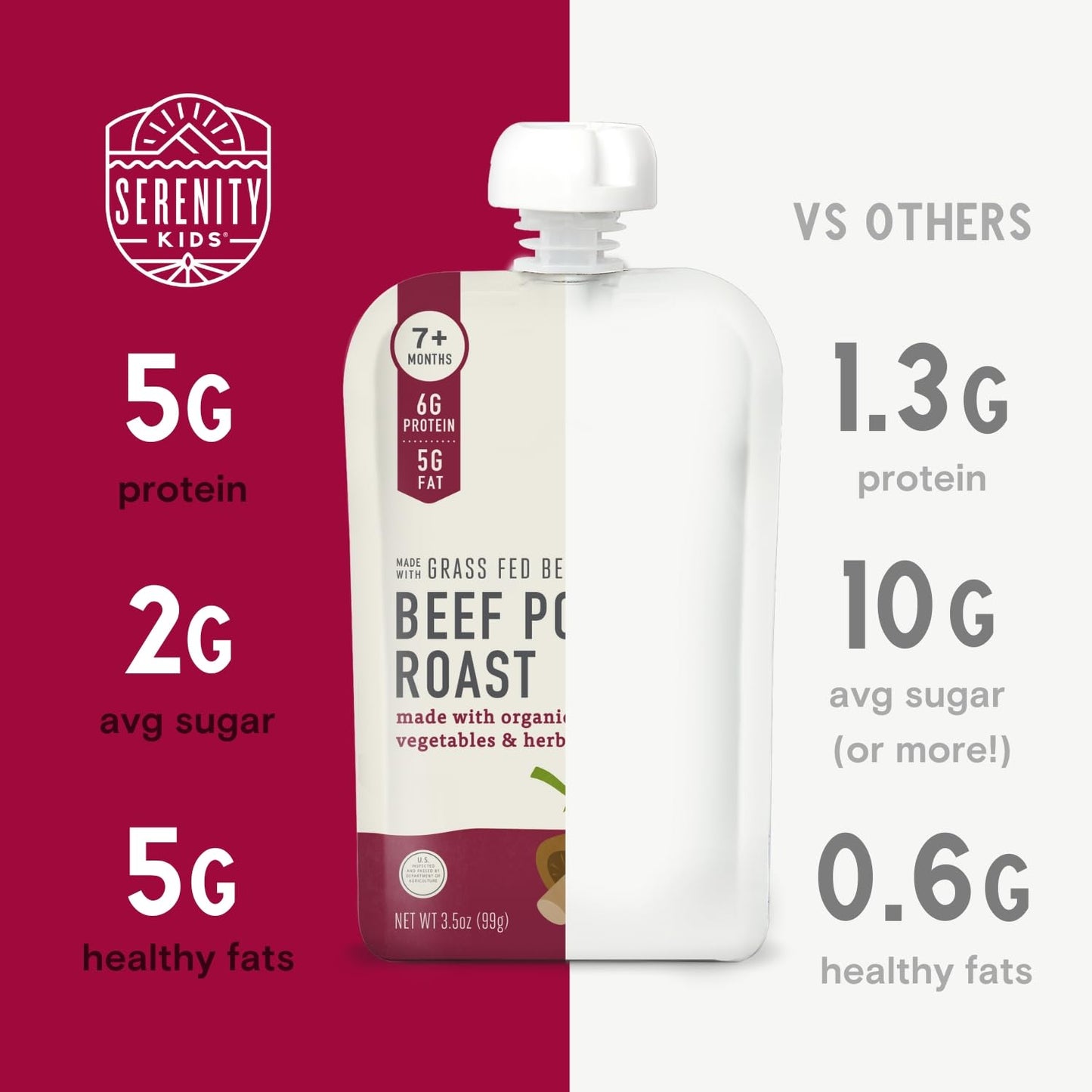 Serenity Kids 7+ Months Bone Broth Puree Made With Organic Veggies - Clean Label Project Purity Award Certified - 3.5 Ounce BPA-Free Pouch - Grass Fed Beef Pot Roast - 12 Count - Baby Food Pouch