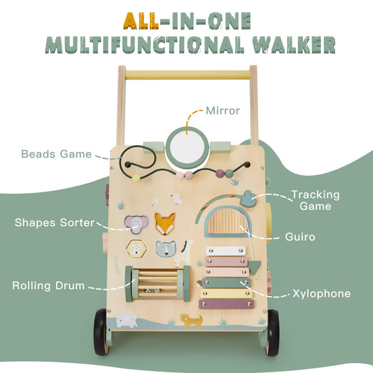 Wooden Baby Walker, Baby Push Walker for Girls and Boys, Montessori Toy, Learning to Walk with Activity Center, Push and Pull Toys with Wheel Adjustable Speed