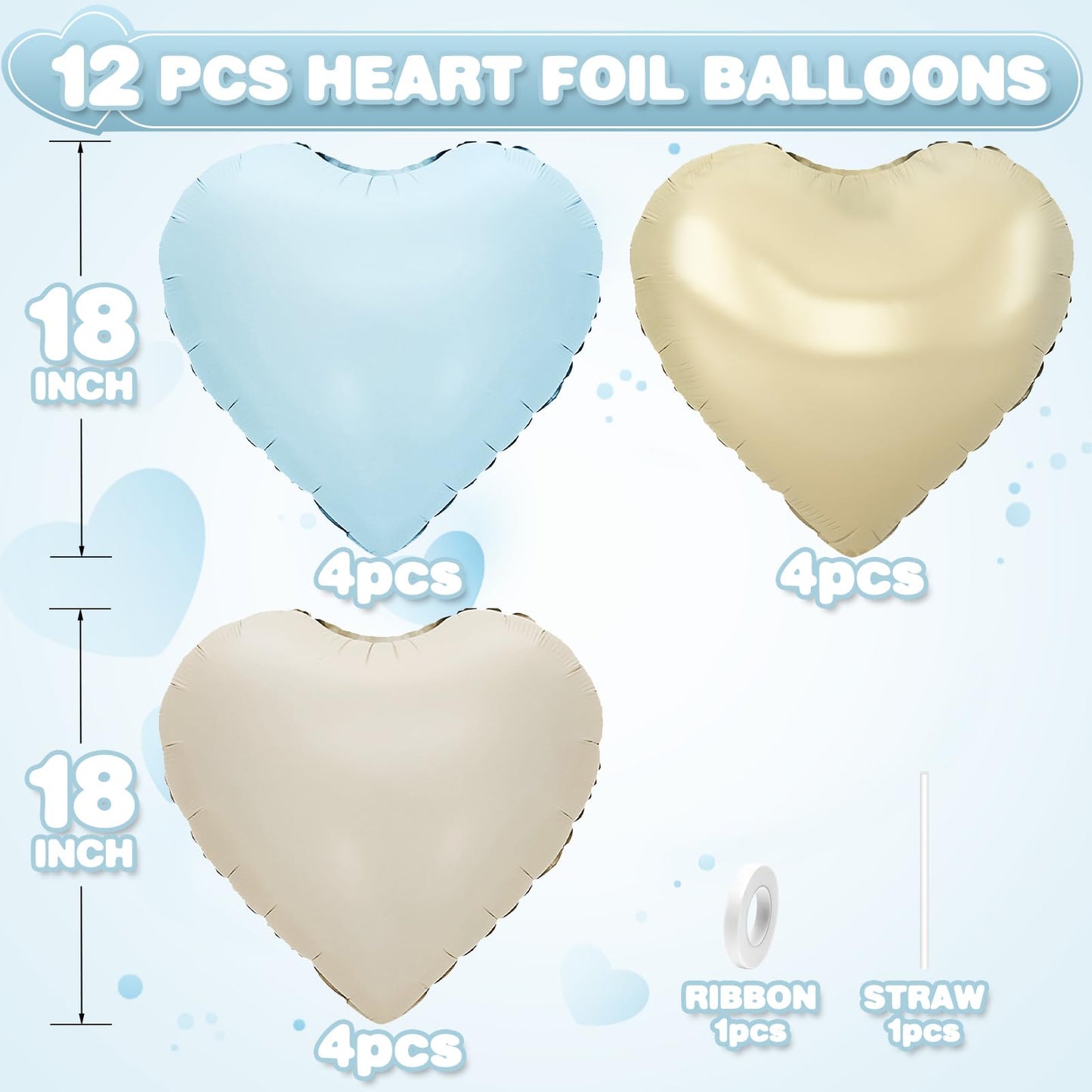 Sage Green Gold Heart Balloons,12Pcs Light Gold Heart Shaped Foil Balloons,18Inch Cream White Helium Mylar Balloon for Baby Shower Birthday Anniversary Wedding Party Decorations