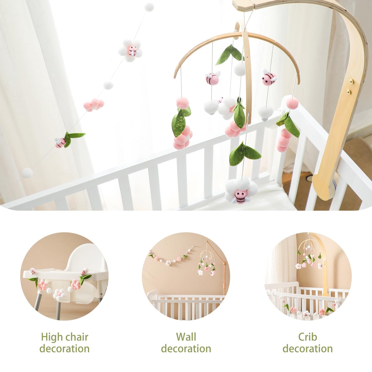 OESSUF Baby Mobile for Crib, Crib Nursery Mobile for Boys Girls, Boho Bee Flower Nursery Decor Soothe Toy Baby Shower Set for Infant Bedroom Hanging Decoration Toy, Pink